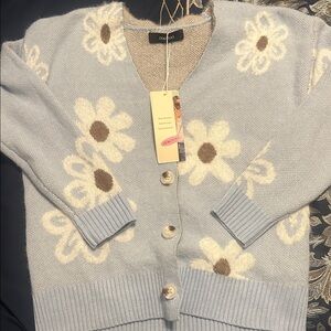 Elegant Floral Blue Cardigan Sweater